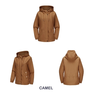Three-way view of camel hooded windbreaker featuring drawstring hood and elastic cuffs