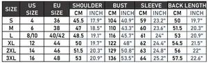 Detailed size chart for oversized leather jacket showing US EU and CM measurements