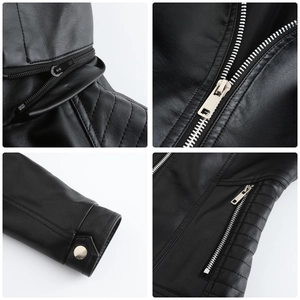 Close-up of black leather jacket details including metal zippers and quilted textures