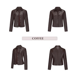 Detail view of coffee faux leather jacket with silver studs and buttons in four angles