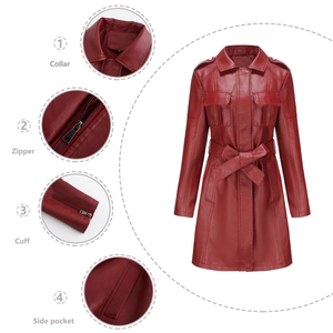 Dettagli del trench in pelle rosso scuro con colletto, zip, polsini e tasche laterali