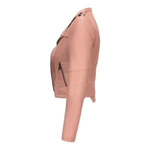 Detail of pink faux leather jacket featuring quilted sleeves, metal zippers and studs