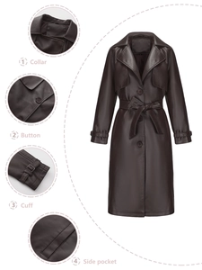 Detailweergave van revers, knopen en manchetten van een lange bruine PU-leren trenchcoat