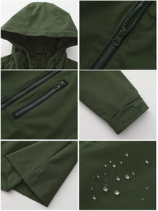 Detailansicht der wasserabweisenden grünen Windjacke mit Kapuze, Reißverschluss und Taschen