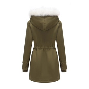 Back view of army green winter parka with large white faux fur collar and drawstring waist