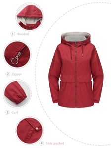 Detailed views of hooded windbreaker featuring ring zipper, elastic cuffs and side pockets