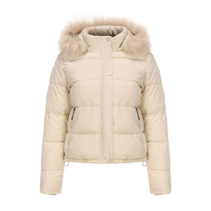Detail of cream winter puffer jacket with faux fur hood and snap button closure