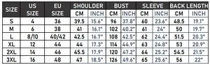 Size chart for women's slim faux leather biker jacket from size S to 3XL with measurements