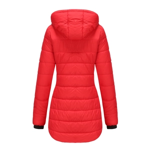 Rear view of long sleeve quilted water-repellent padded winter jacket for women in red