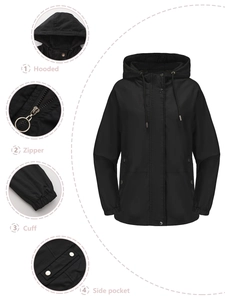 Detail view showing hooded design, metal zipper, elastic cuffs, and side pockets of black coat