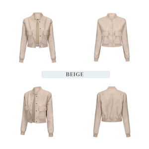 Detailed four-way view of a beige oversized faux leather jacket with ribbed cuffs
