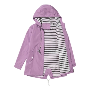 Detail of purple raincoat featuring striped lining, drawstring hood, and pocket details