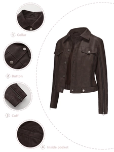 Detail view of collar, buttons, cuffs, and inside pocket of brown faux leather jacket