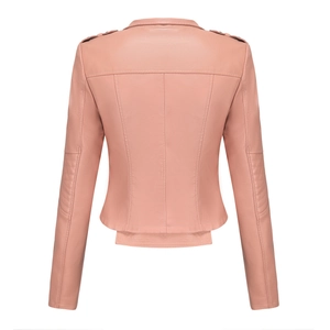 Rear view of pink faux leather jacket with epaulettes and pleated sleeves detail