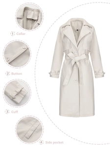 Detailopnames van de kraag, knopen, manchetten en zijzakken van de lange PU-leren trenchcoat