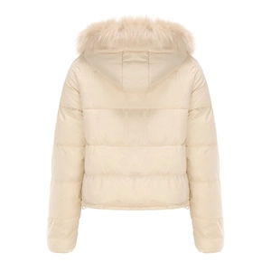 Back view of beige quilted winter coat featuring a detachable plush faux fur hood trim