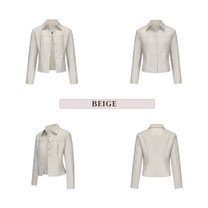 Detailed views of beige faux leather jacket with metal studs and button closure