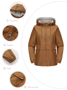 Detail view of hooded jacket featuring metal zipper, elastic cuffs and side pockets
