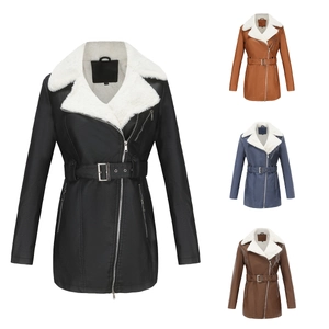Women's long-sleeved fleece leather jacket with lapel, zipper, and waist belt