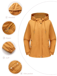 Detail view showing hooded design, zipper closure, elastic cuffs, and side pockets of jacket