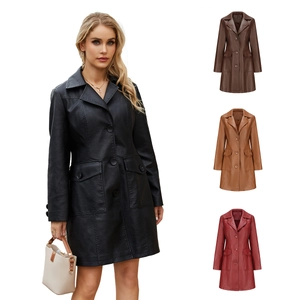 Women Long Faux Leather Trench Coat Elegant British Style Lapel Single Breasted PU Leather Windproof Jacket With Pockets