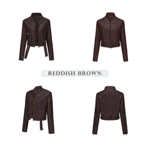 Detailansichten der rotbraunen Damen-Bikerjacke mit Reißverschlüssen und Gürtel am Saum