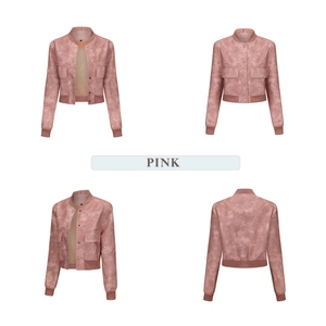 Detailed four-way view of pink suede bomber jacket with utility pockets and rib-knit trim