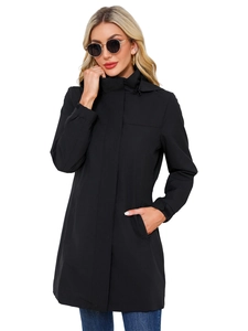 Women's black long sleeve hooded windbreaker with water-resistant fabric and adjustable cuffs