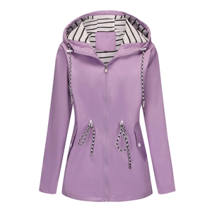 Detail view of purple hooded raincoat with striped lining and adjustable drawstrings
