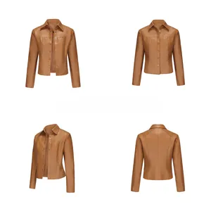 Detailed views of caramel faux leather jacket featuring metal rivets and slim fit design