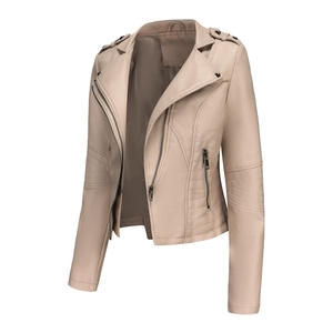 Detail of beige PU biker jacket showing quilted sleeves and asymmetric zipper closure