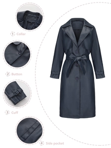 Detailweergave van stiksels en knopen van een marineblauwe oversized PU-lederen trenchcoat