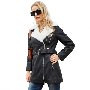 Women's black faux leather jacket with white fleece collar, long sleeves, and belt