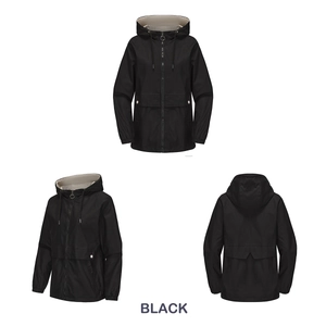 Detailed views of a black hooded windbreaker featuring snap-button pockets and a drawstring