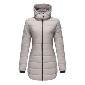Detailed view of women's long parka with windproof ribbed cuffs and high neck hood design