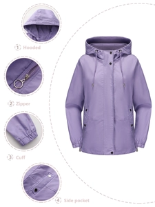Detailed views of purple hooded windbreaker with zipper, elastic cuffs and buckle pockets