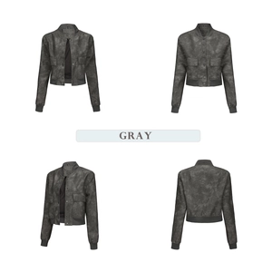 Oversized gray bomber jacket with vintage texture and ribbed cuffs shown from four angles