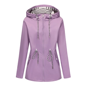 Detail of lavender hooded rain jacket featuring adjustable striped drawstrings and snap pockets