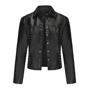 Detail of black faux leather jacket with silver rivets and snap buttons on front