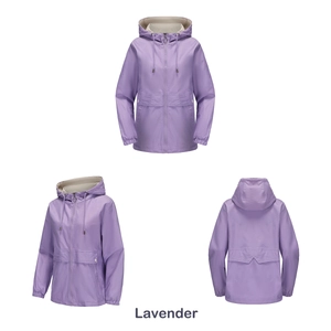 Three-view perspective of lavender hooded windbreaker featuring metal zipper and drawstrings