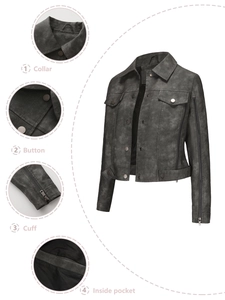 Close-up detail of lapel, buttons, zipper cuffs and inside pocket of moto jacket