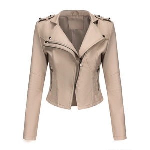 Detail view of the light beige slim-fit faux leather jacket featuring metal zipper pockets