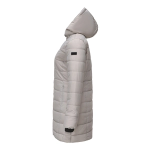 Close-up of quilted water-resistant winter coat with windproof ribbed cuffs in light grey