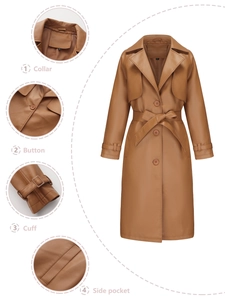 Detailoverzicht van camel PU-lederen trenchcoat met kraag, knopen, manchetten en zakken