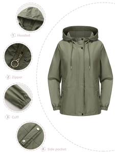 Detail view of army green hooded jacket showing elastic cuffs and side snap pockets