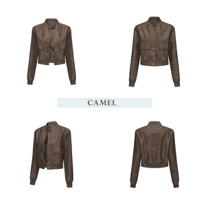 Multi-angle view of oversized camel faux leather jacket with snap buttons and flap pockets