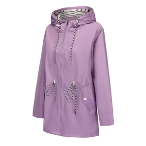 Detail of purple waterproof hooded raincoat featuring striped lining and drawstring waist
