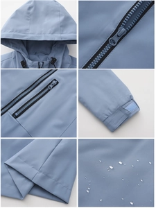 Detailansichten der hellblauen Windjacke mit wasserdichten Reißverschlüssen und Bündchen