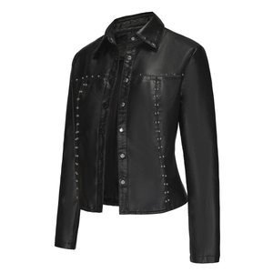 Close-up of black PU leather jacket featuring silver studs and snap button closure