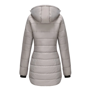 Rear view of light grey water-resistant quilted jacket with detachable hood and slim fit